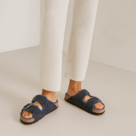 Birkenstock Arizona Shearling Sandals Navy Blue Suede Women’s 39 Fuzzy Cozy - Picture 2 of 16